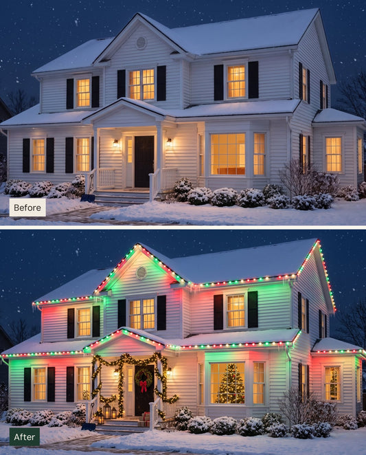 The Eaves permanent outdoor LED roofline lights — before and after