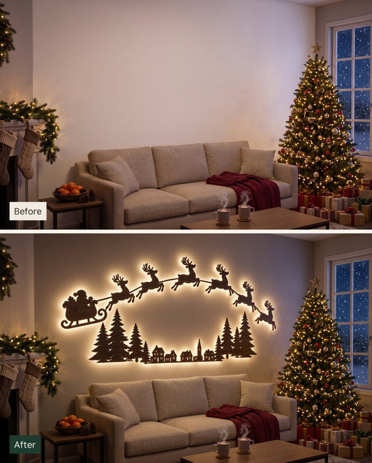 The Night Before backlit LED wall silhouettes — before after
