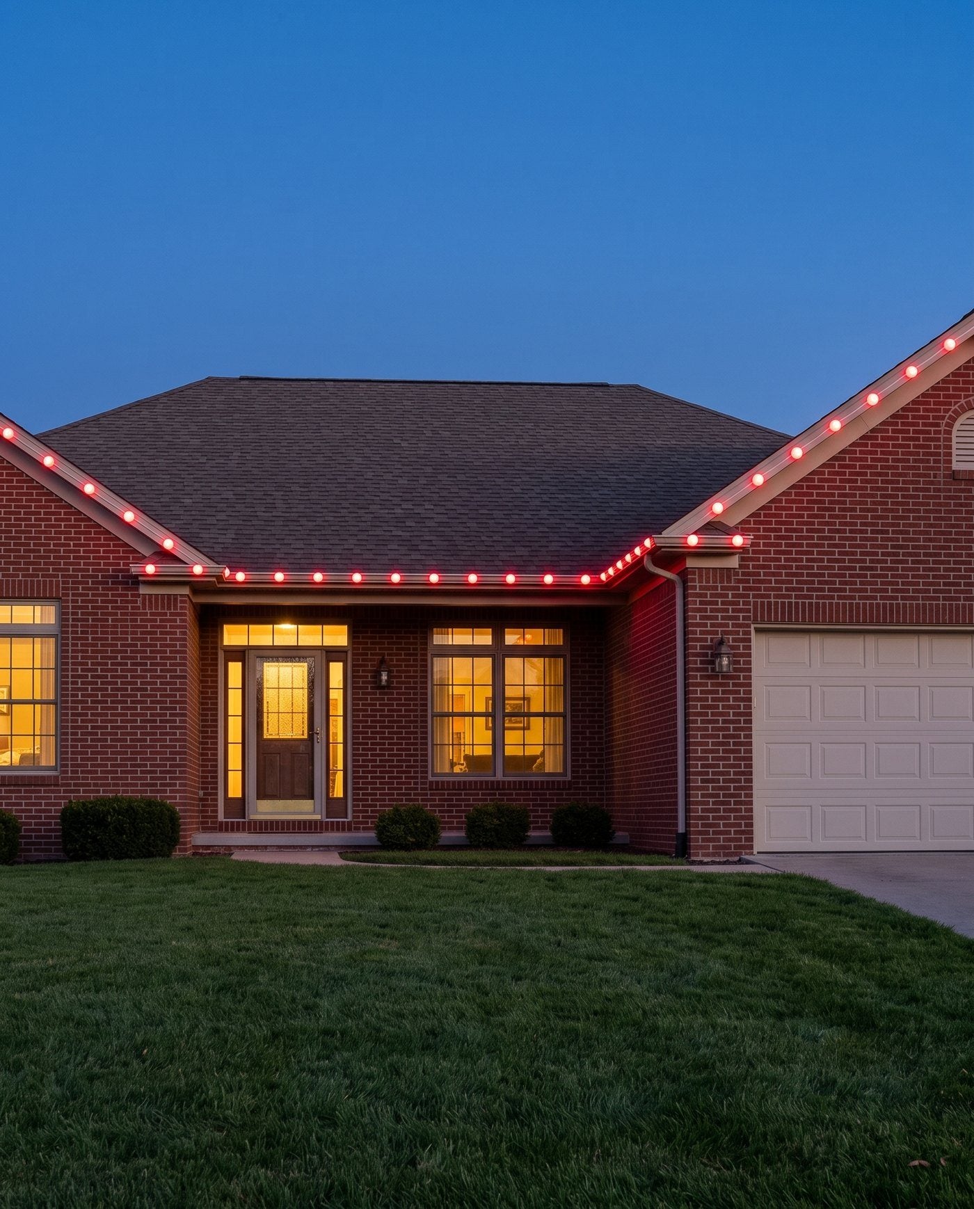 The Eaves in solid red along the roofline and garage of a brick ranch at blue hour