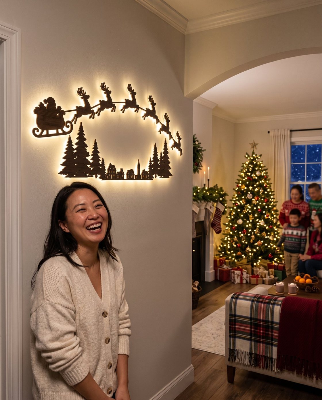 A woman laughing in a hallway under The Night Before silhouettes, the family and the tree through the doorway behind her