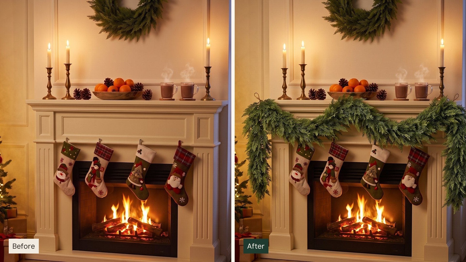 Before and after: the same ivory mantel with stockings and candles, then with The Hearthside cedar garland draped along it