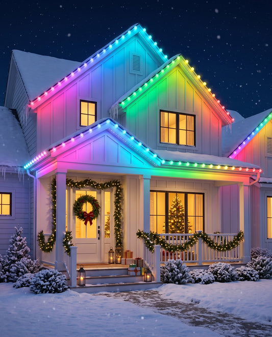 The Eaves permanent outdoor LED roofline lights — Christmas house, rainbow gradient