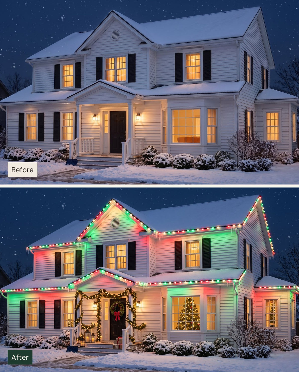 The Eaves permanent outdoor LED roofline lights — before and after