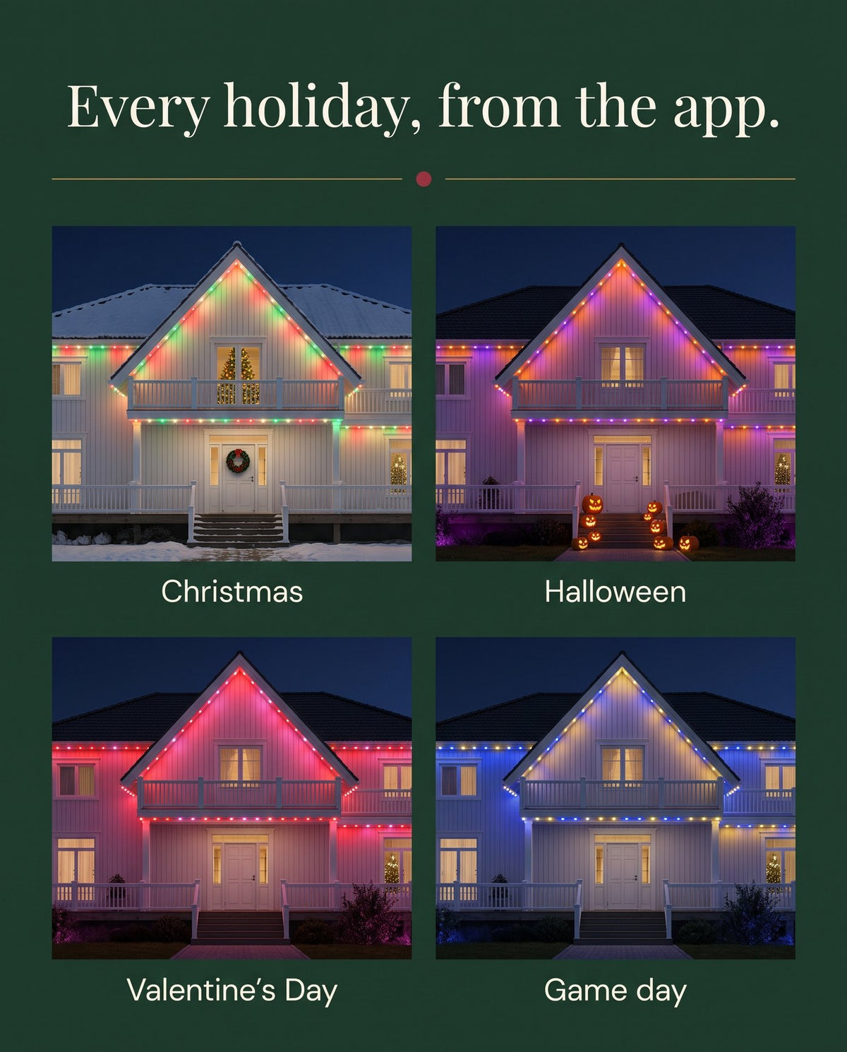 The Eaves permanent outdoor LED roofline lights — every holiday from the app