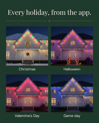 The Eaves permanent outdoor LED roofline lights — every holiday from the app