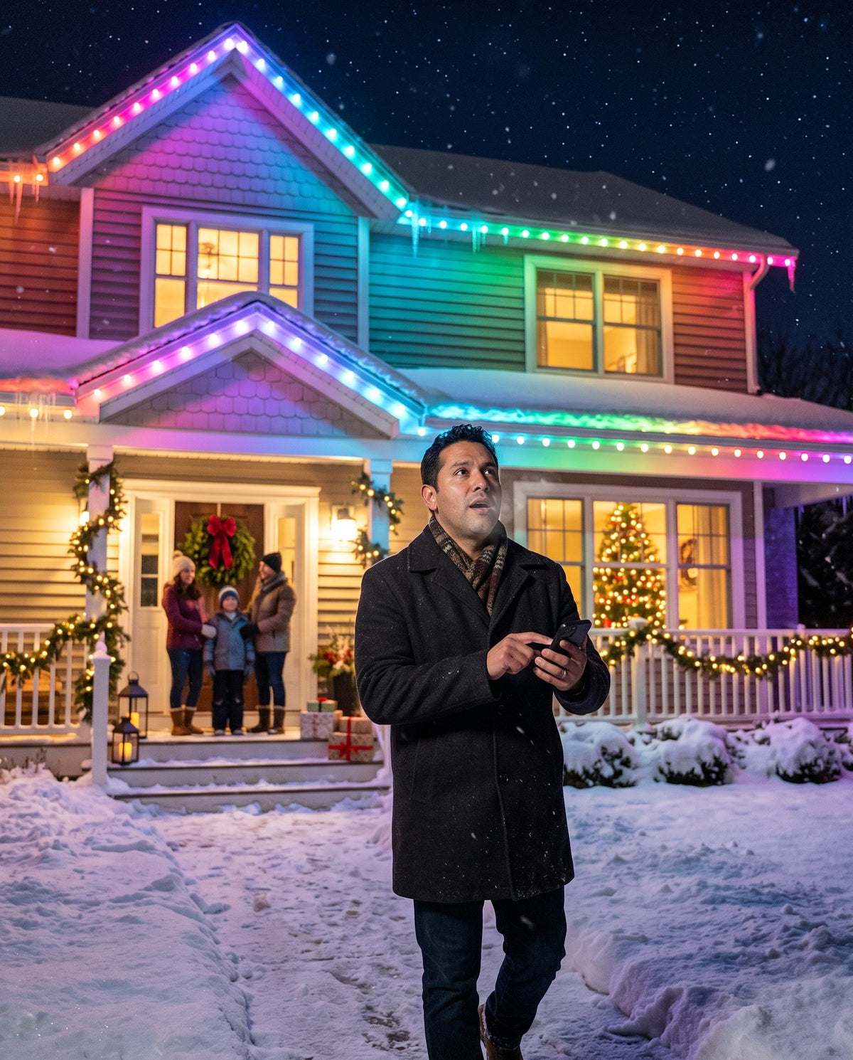 The Eaves permanent outdoor LED roofline lights — changing colours from the app