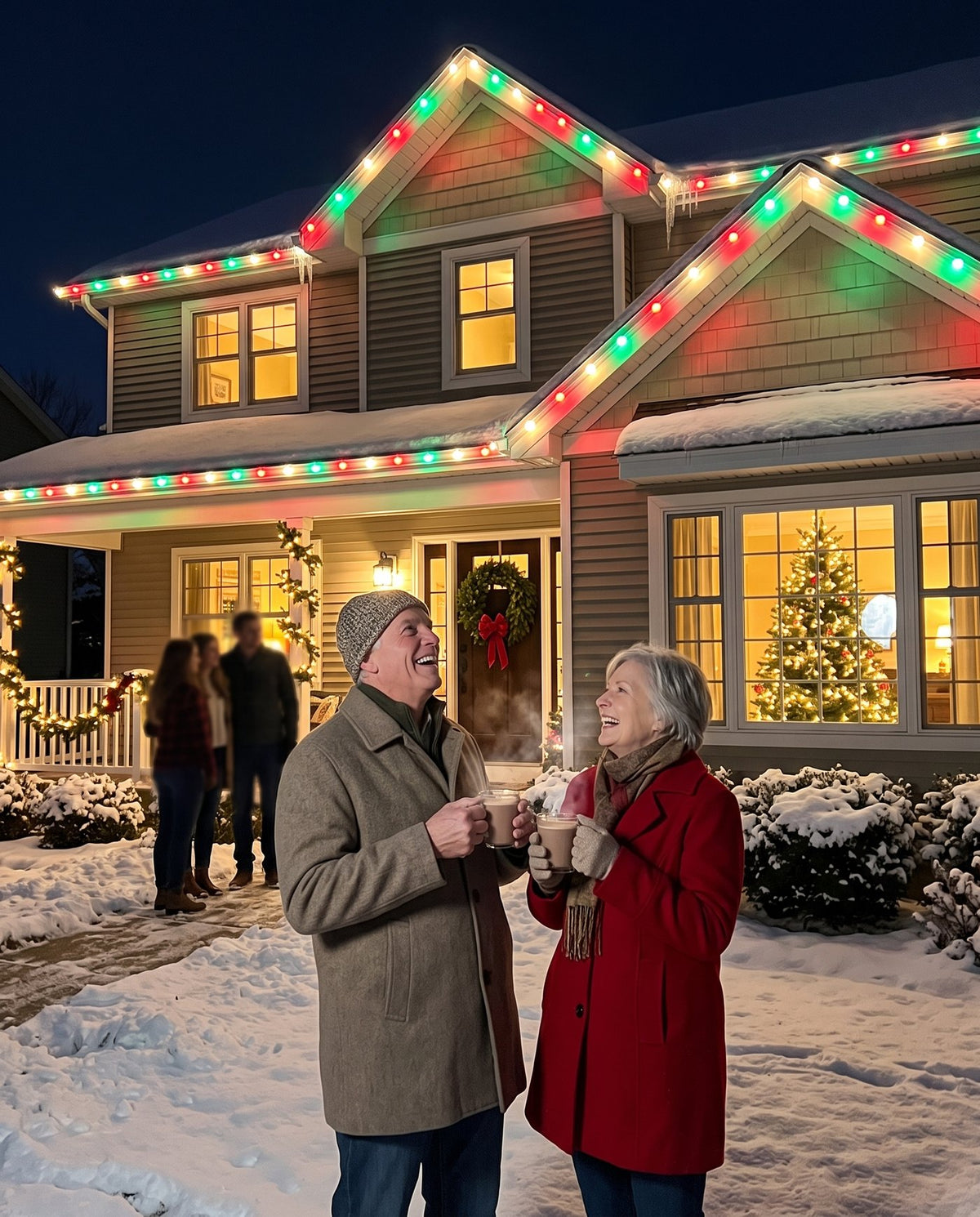 The Eaves permanent outdoor LED roofline lights — couple in the snow