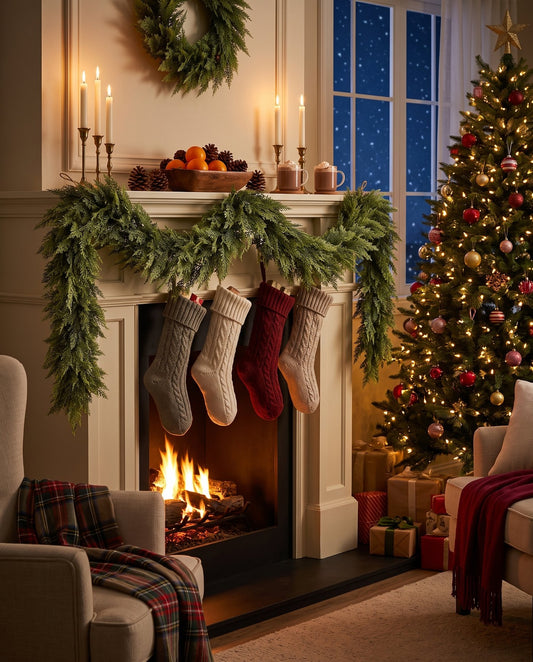 The Hearthside real-touch cedar garland — Christmas mantel