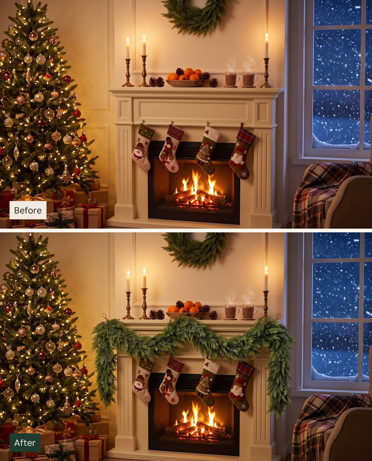 The Hearthside real-touch cedar garland — before and after