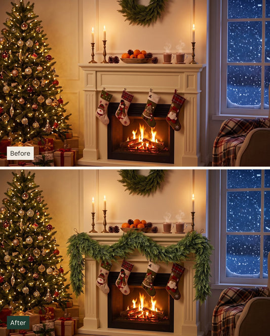 The Hearthside real-touch cedar garland — before and after