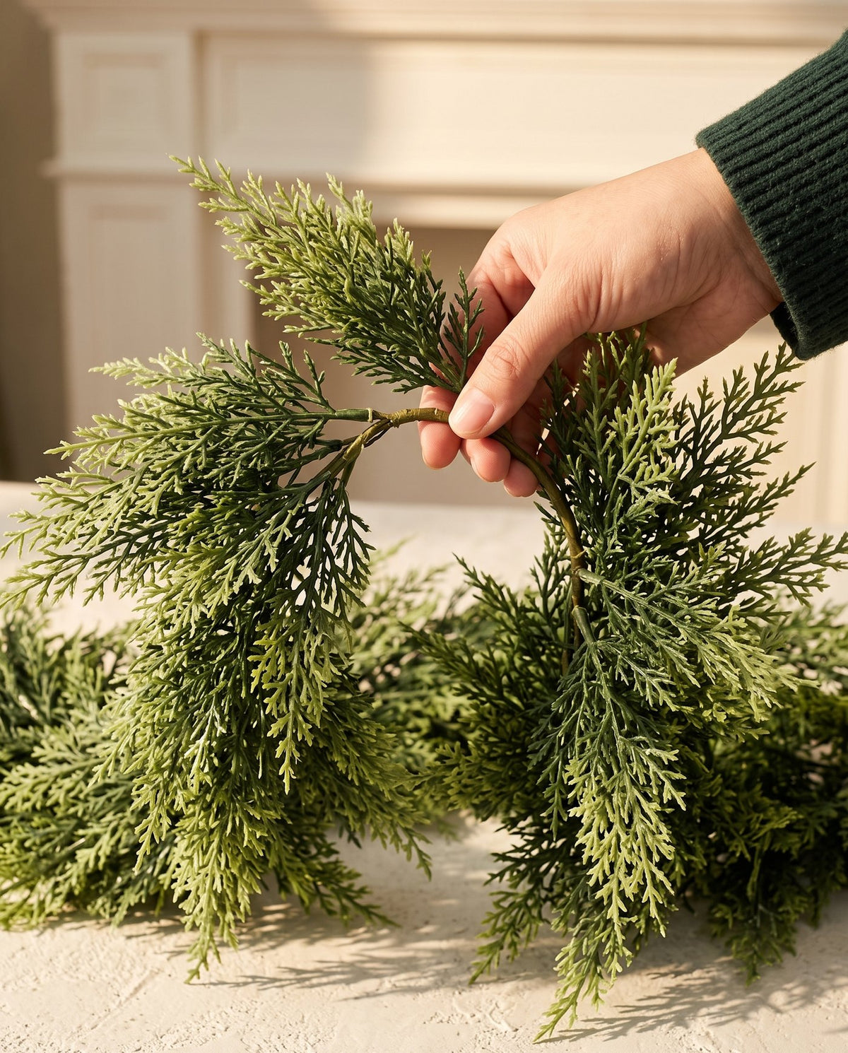 The Hearthside real-touch cedar garland — texture close-up