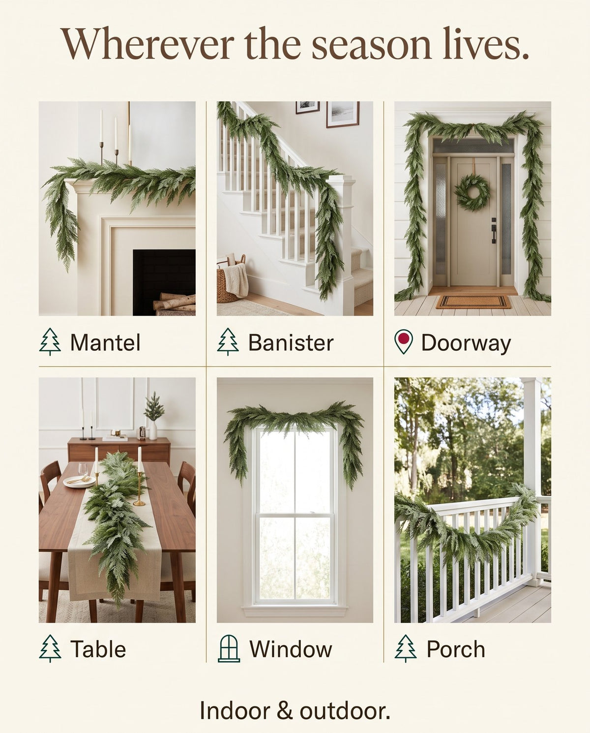 The Hearthside real-touch cedar garland — wherever the season lives
