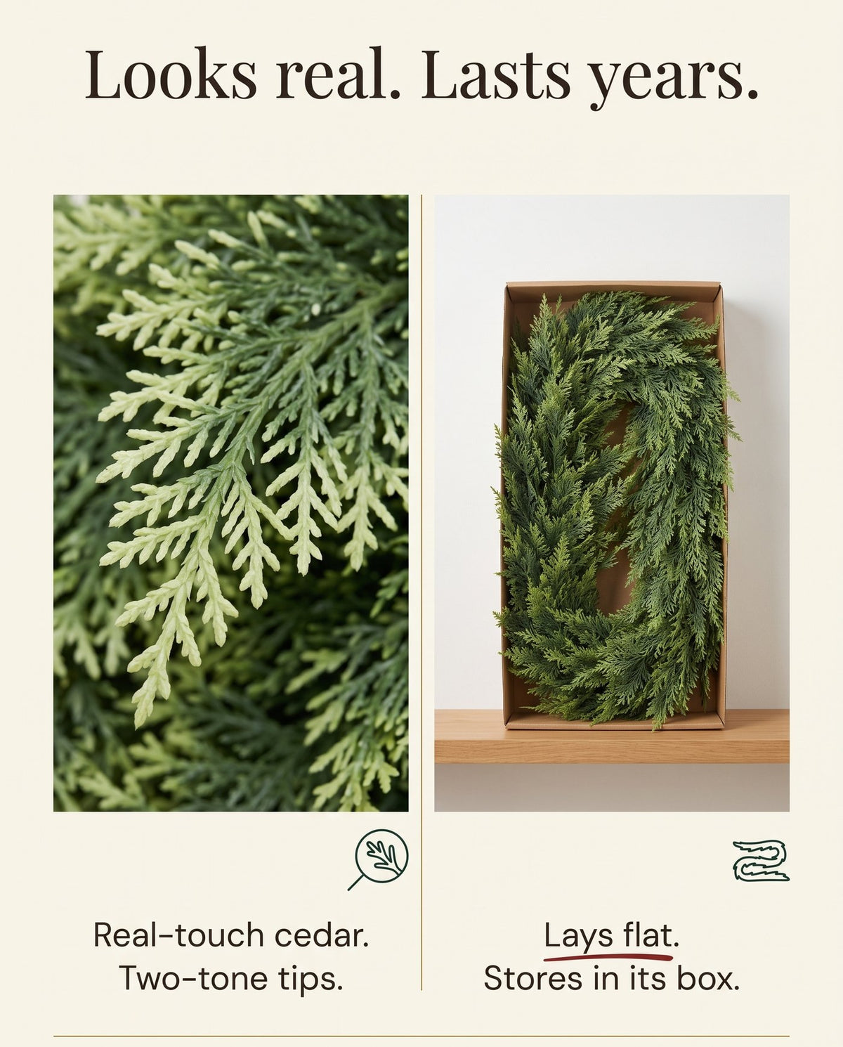 The Hearthside real-touch cedar garland — looks real, lasts years