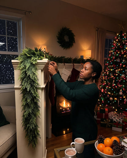The Hearthside real-touch cedar garland — hooking it on the mantel