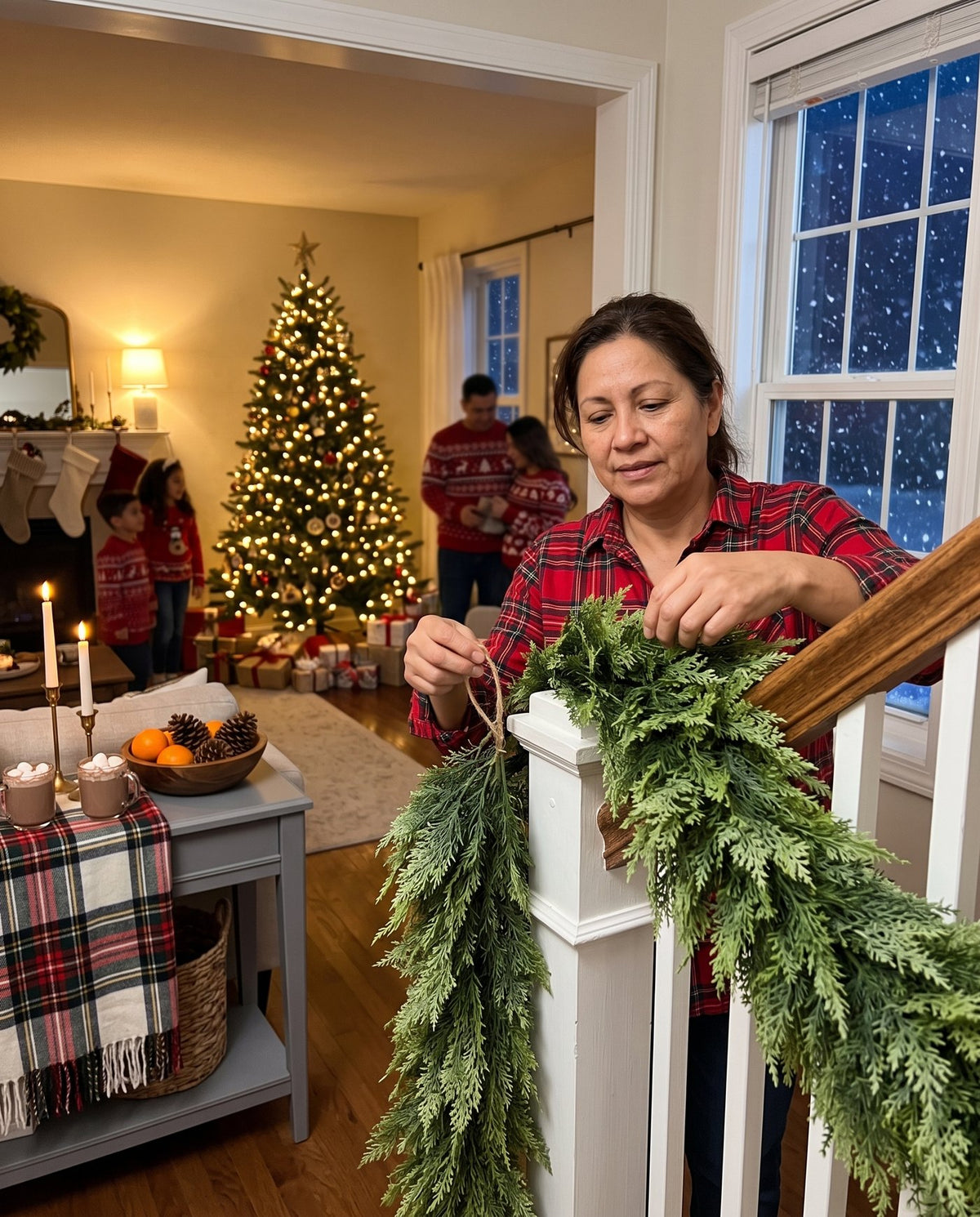 The Hearthside real-touch cedar garland — on the banister