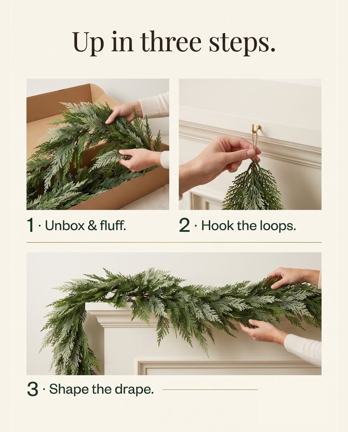 The Hearthside real-touch cedar garland — up in three steps