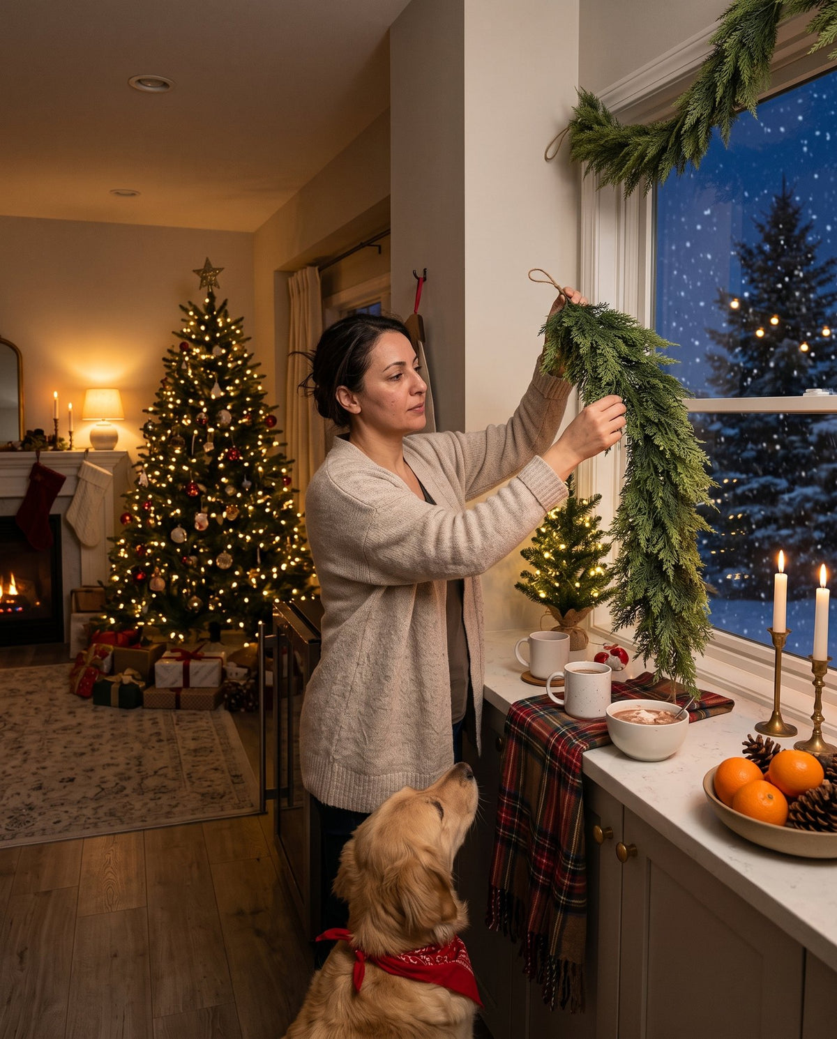 The Hearthside real-touch cedar garland — kitchen window