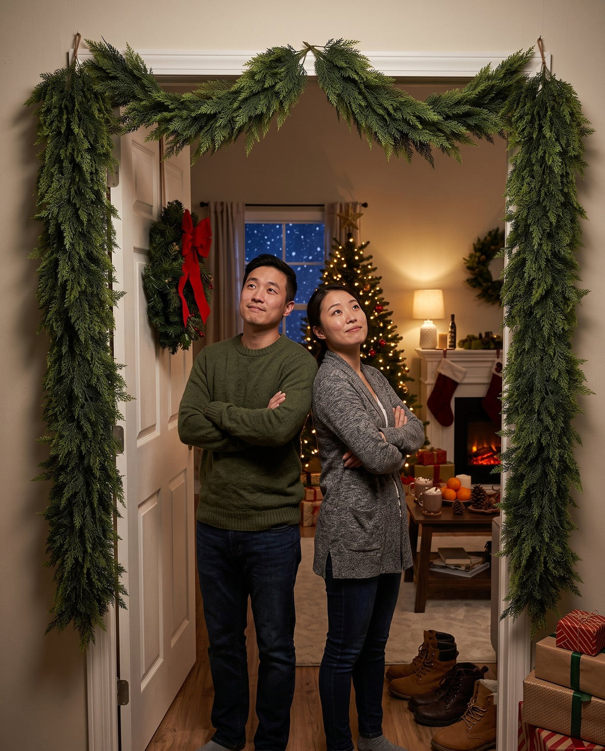 The Hearthside real-touch cedar garland — around the doorway