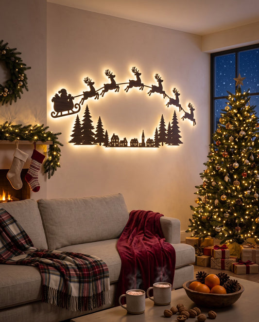 The Night Before backlit LED wall silhouettes — hero sofa warmwhite