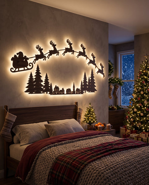 The Night Before backlit LED wall silhouettes — dusk bedroom