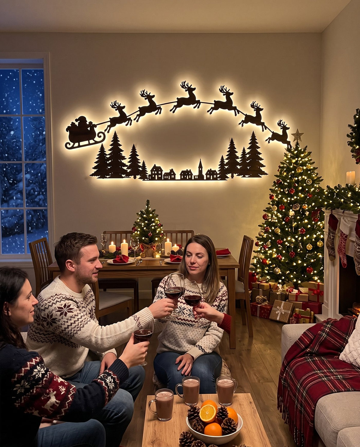 The Night Before backlit LED wall silhouettes — hosting on Christmas Eve
