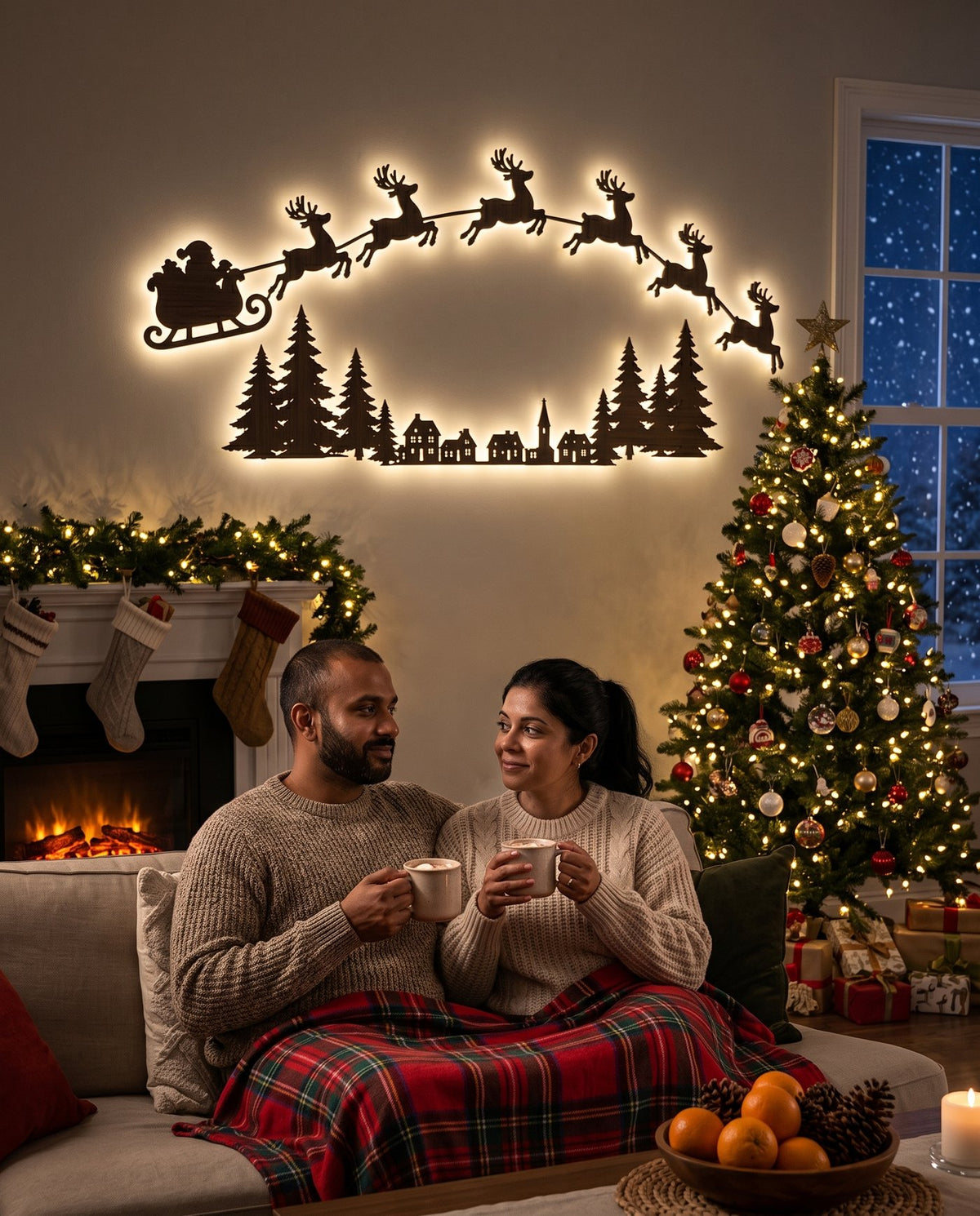 The Night Before backlit LED wall silhouettes — couple on the sofa