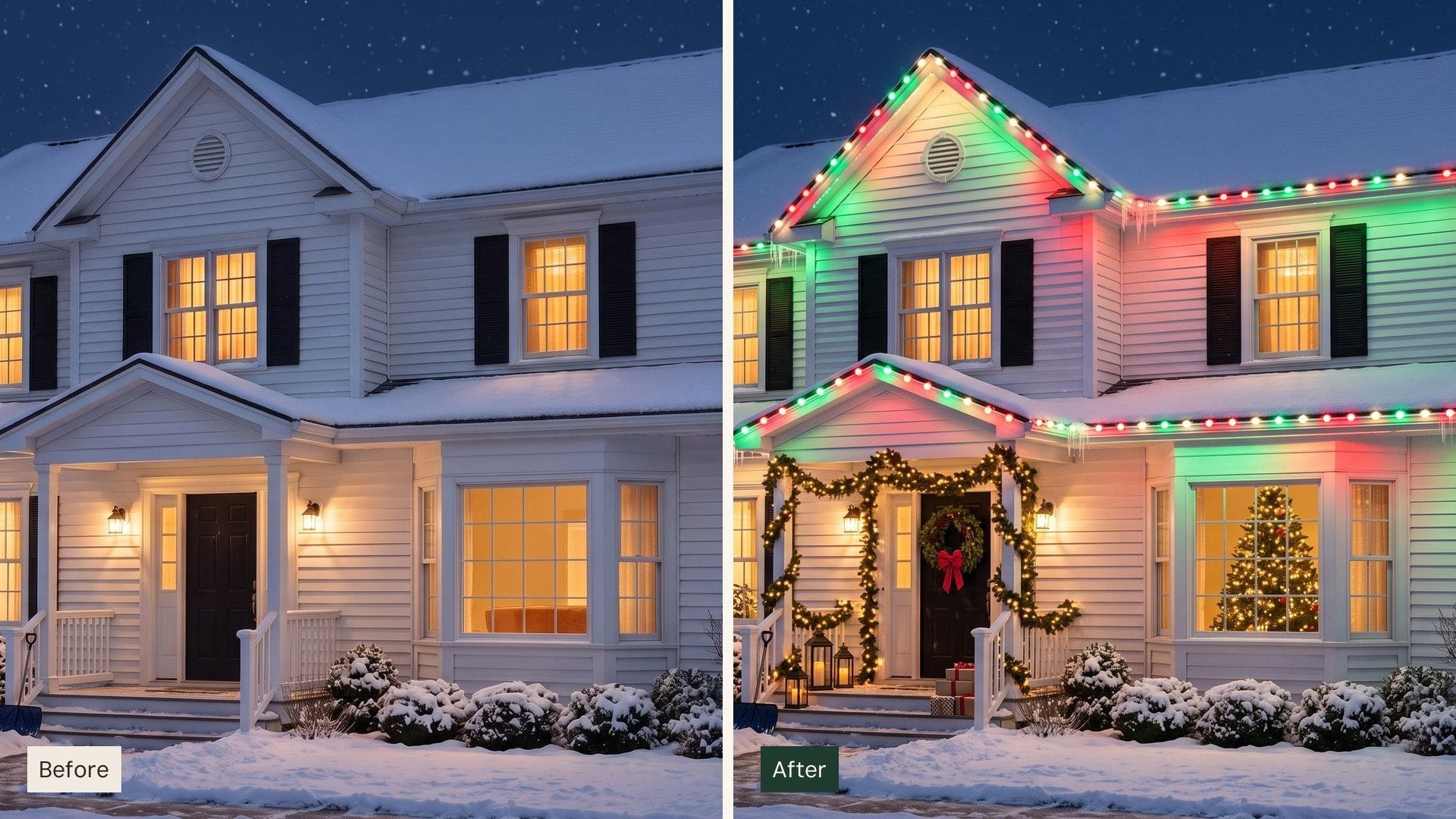 Before and after: the same white colonial in the snow at dusk, then traced in red and green by The Eaves with the wreath up and the tree lit in the window