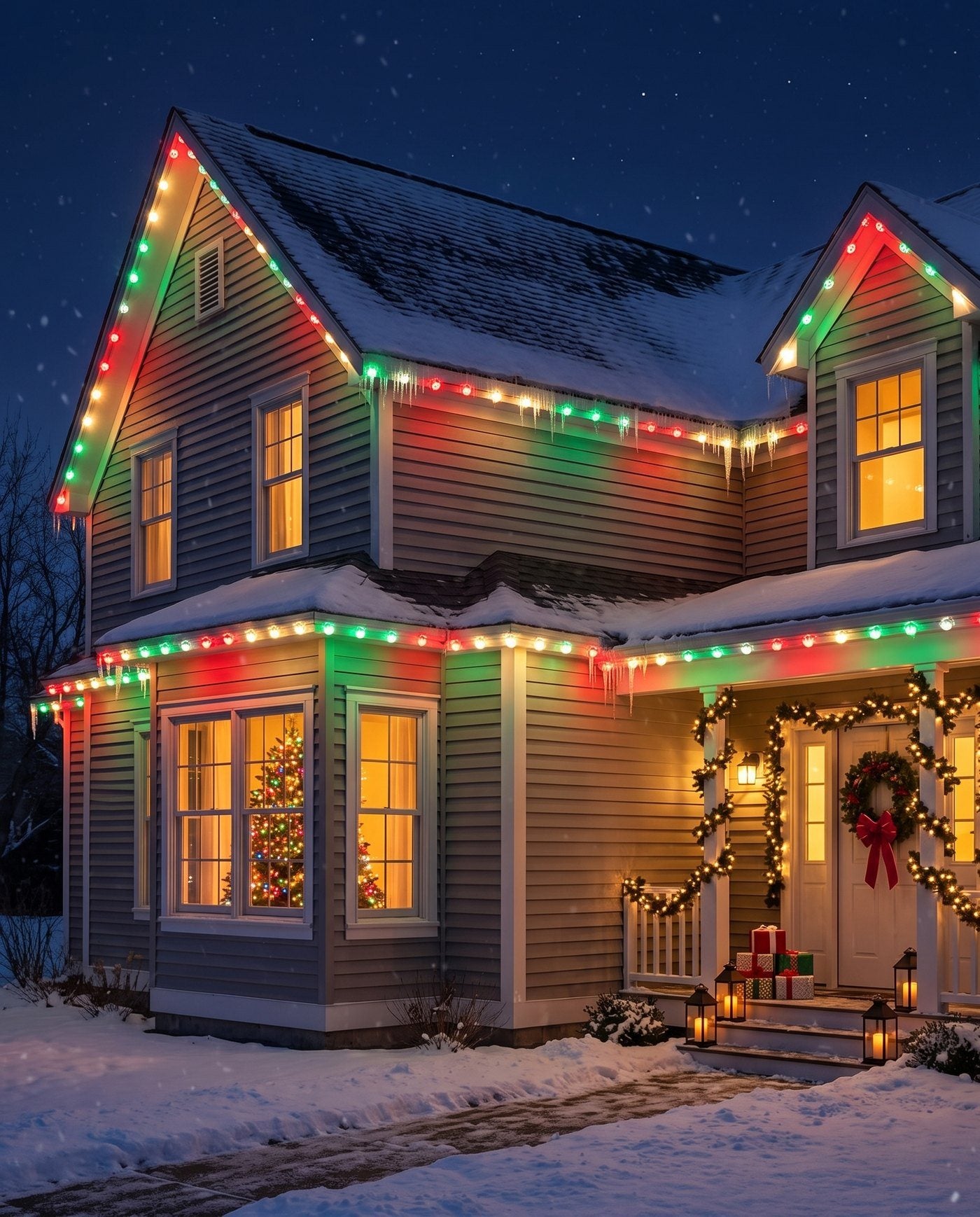The Eaves in red, green and gold along the side and gable of a grey house in the snow, the tree lit in the window