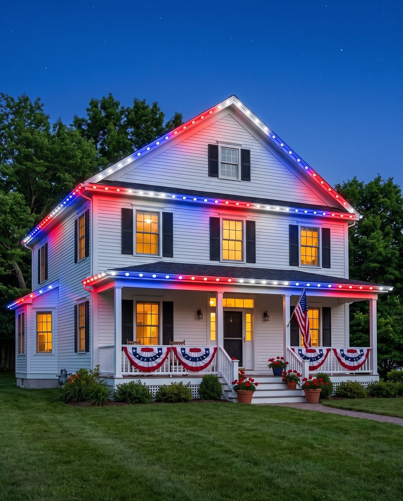 The Eaves in red, white and blue segments along a white colonial on a summer evening, bunting on the porch