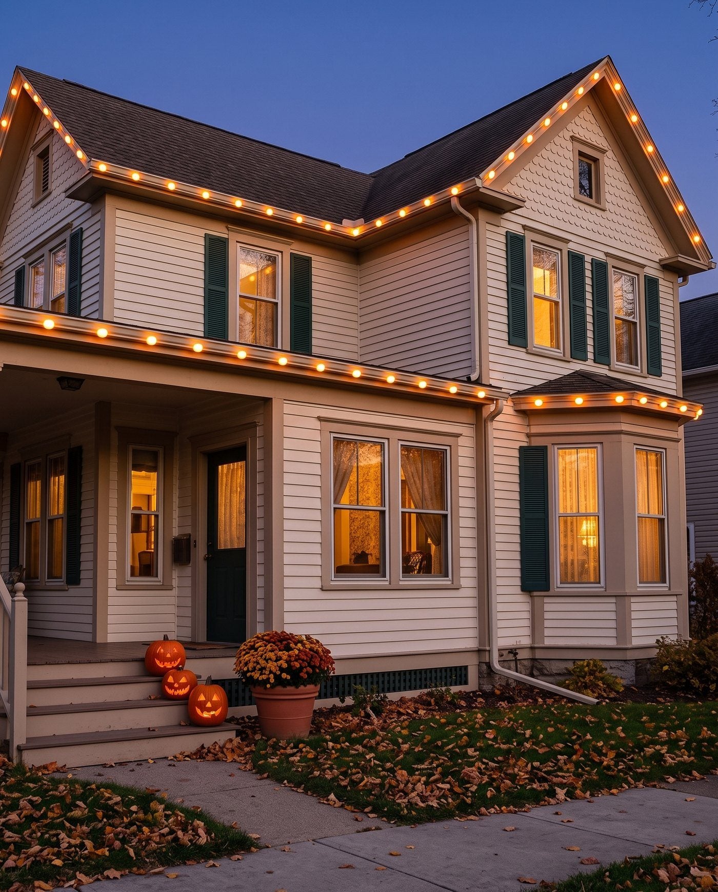 The Eaves in solid orange along the roofline of a cream house at dusk in October, pumpkins on the steps