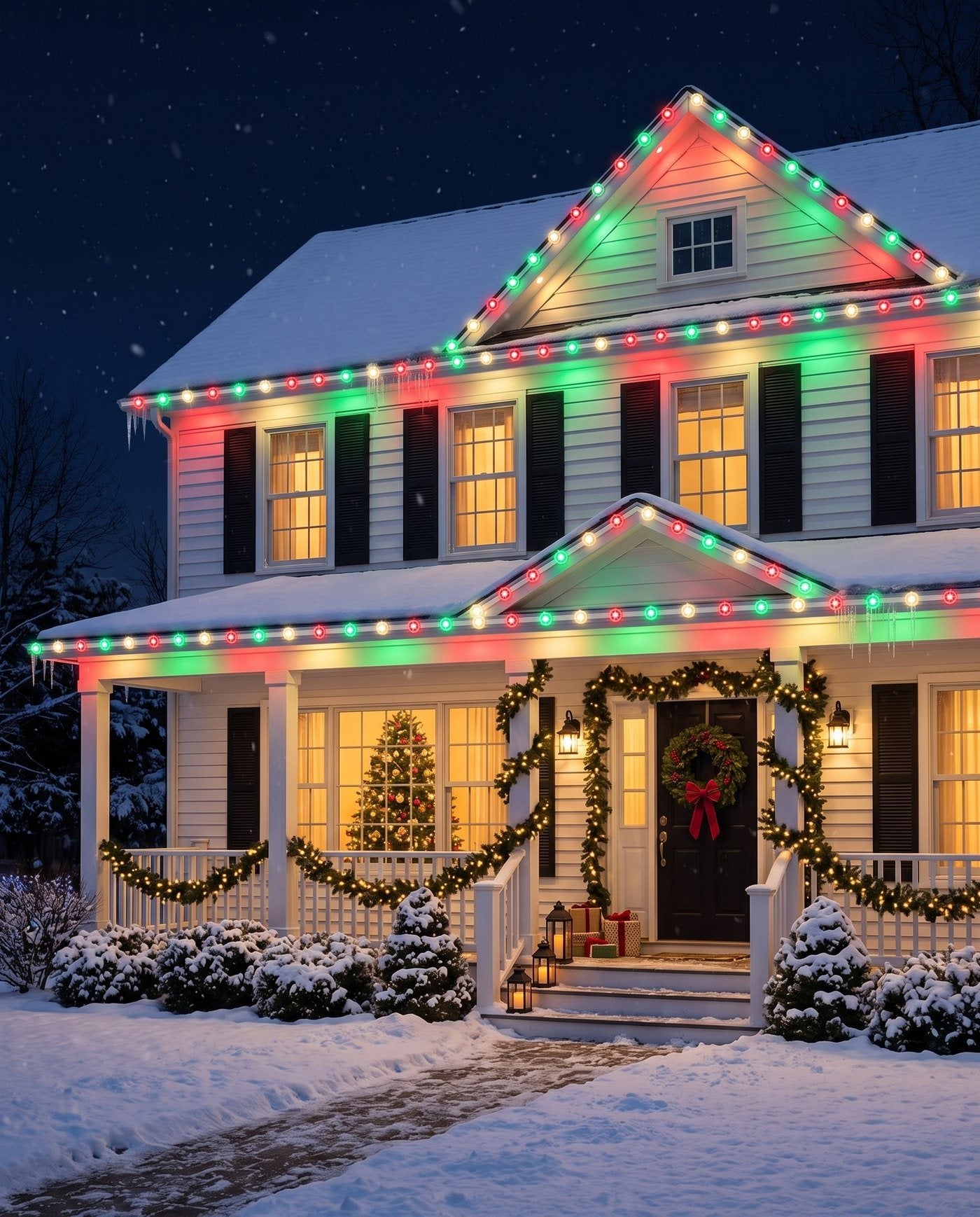 The Eaves permanent LED roofline lights tracing a white colonial in red, green and white at night, snow on the roof, a wreath on the door and the tree lit in the window