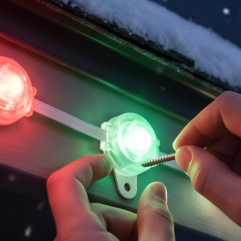 A hand holding the mounting screw up to the tab of a lit Eaves puck on the fascia, the next light glowing red beside it