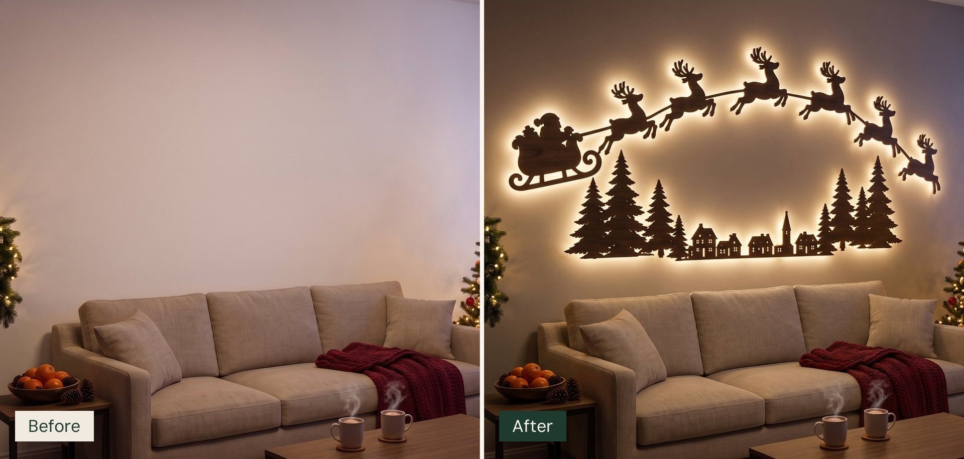 Before and after: the same bare wall above a linen sofa, then with The Night Before Santa's Sleigh silhouettes glowing on it