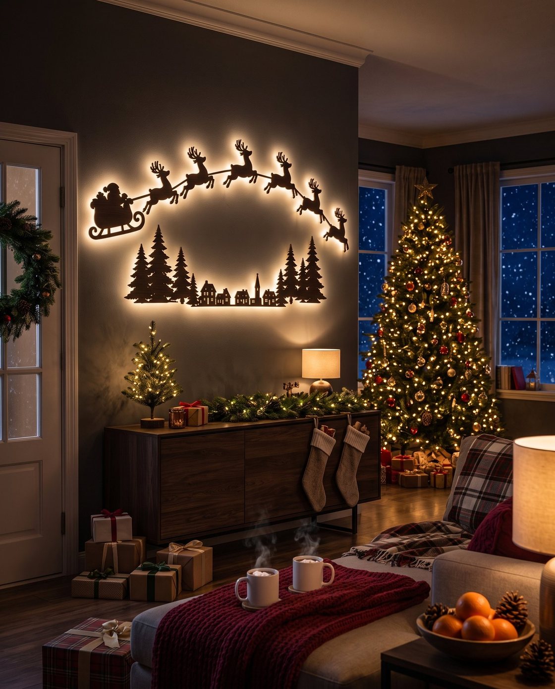 The Night Before silhouettes glowing above a walnut console in an entryway at dusk, wreath on the door