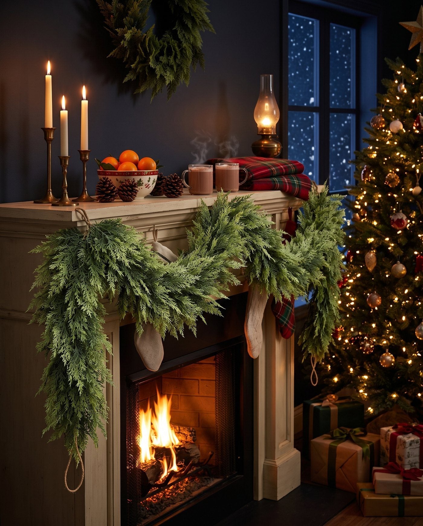 The Hearthside cedar garland on a mantel at night, candles lit, the tree glowing beside the fire