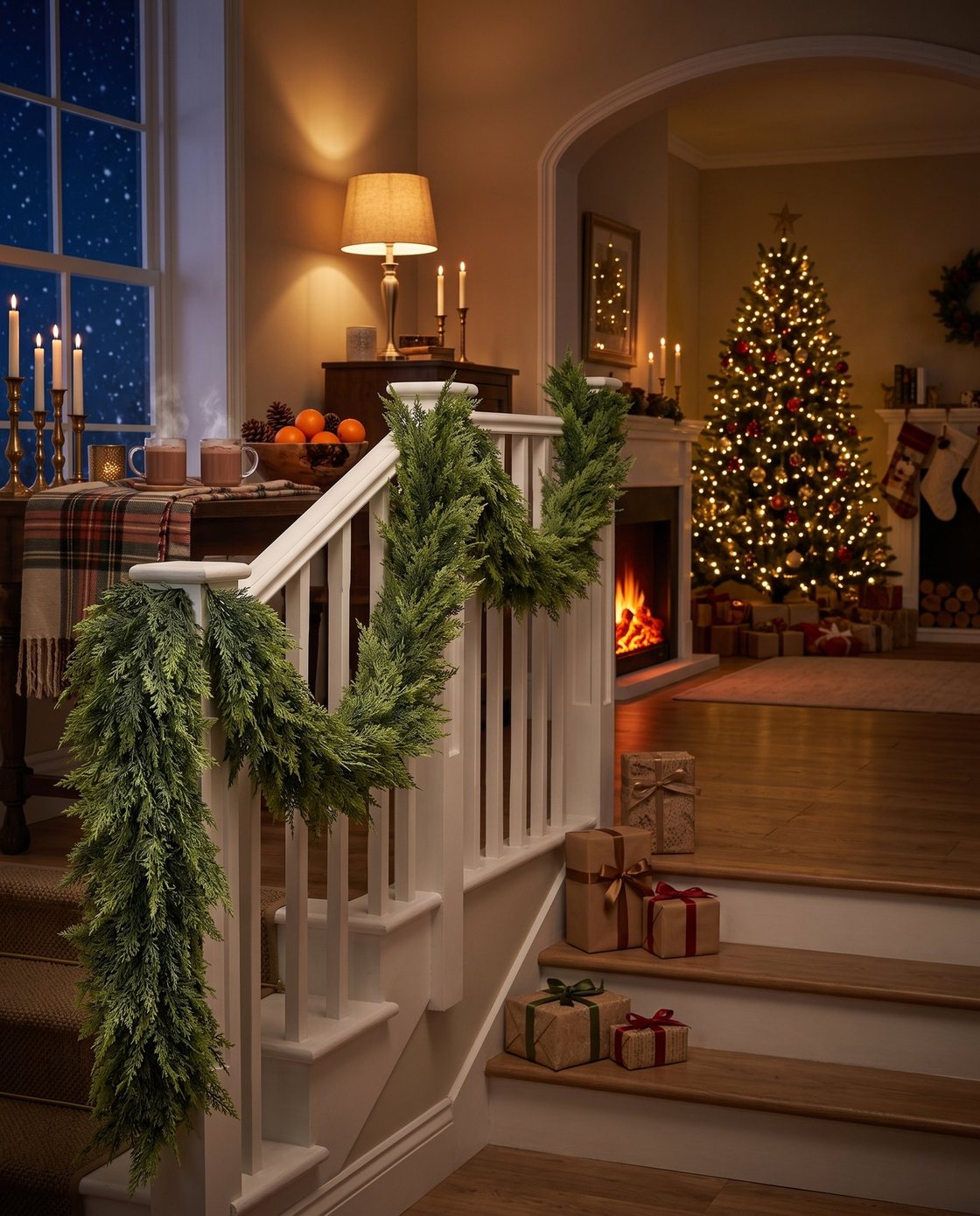 The Hearthside cedar garland draped down a white banister beside a lit tree