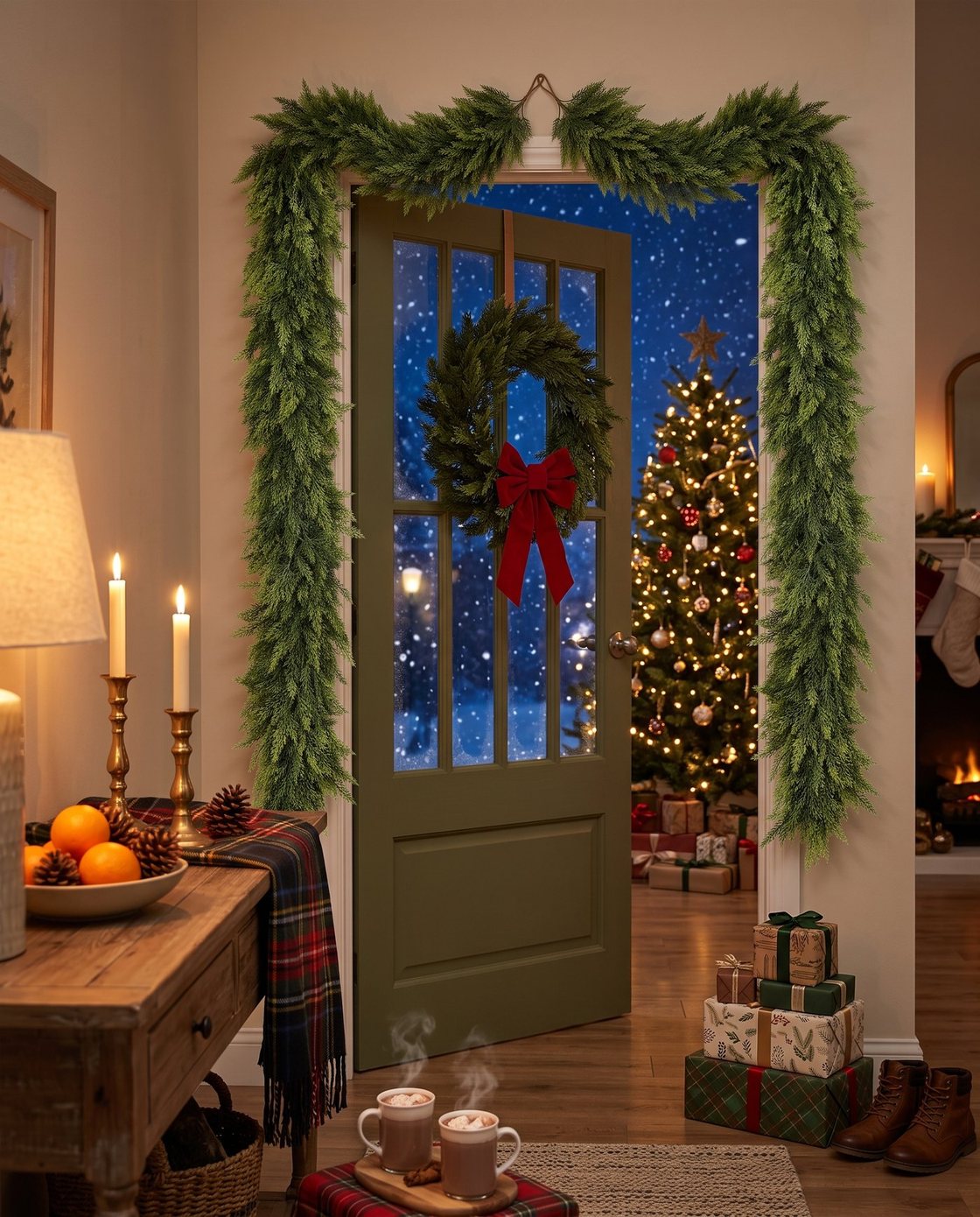 The Hearthside cedar garland framing a green front door with a wreath, snow outside