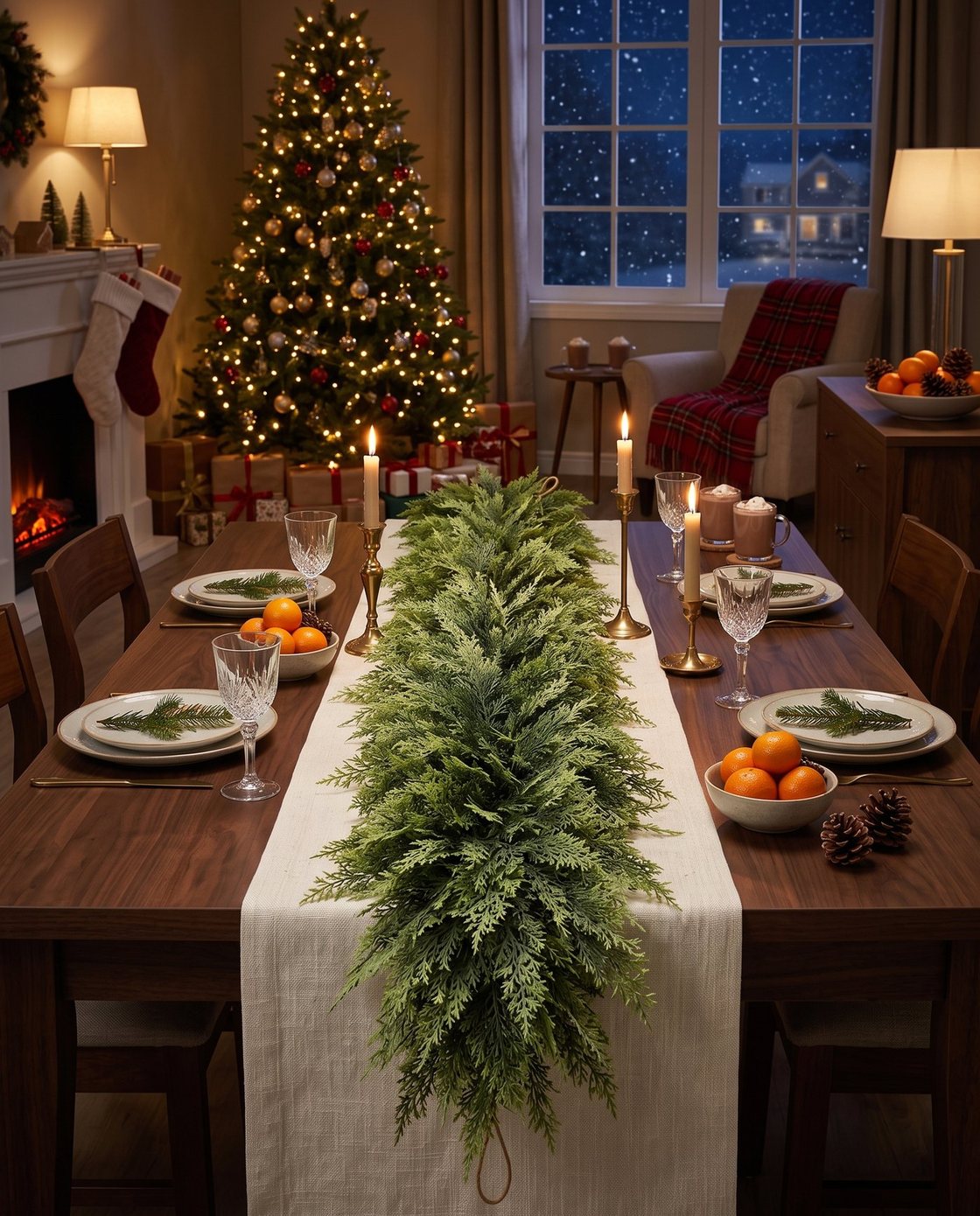 The Hearthside cedar garland laid down a linen runner on a set Christmas table