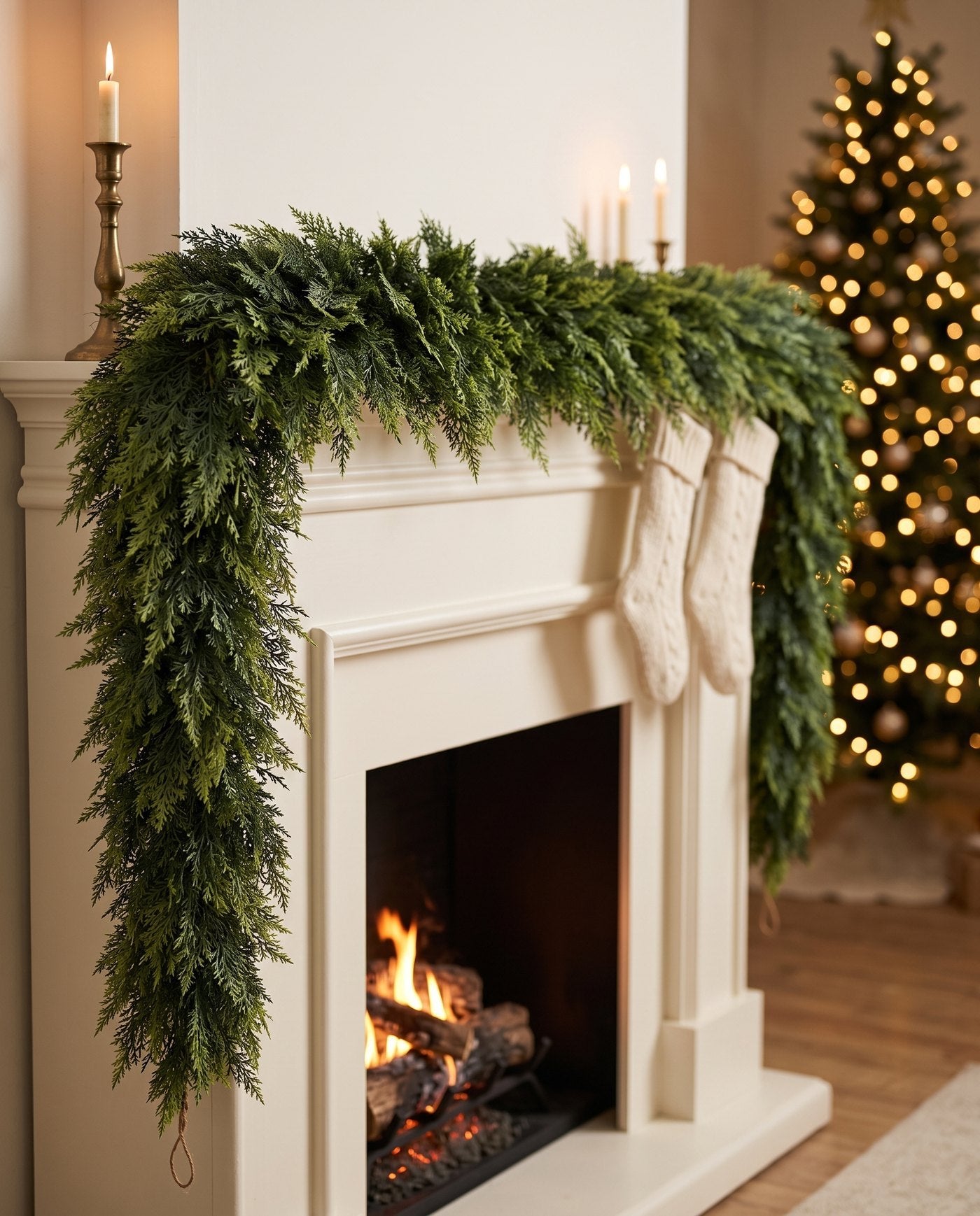 The Hearthside real-touch cedar garland draped along an ivory mantel with stockings, candles and a lit tree beside the fire